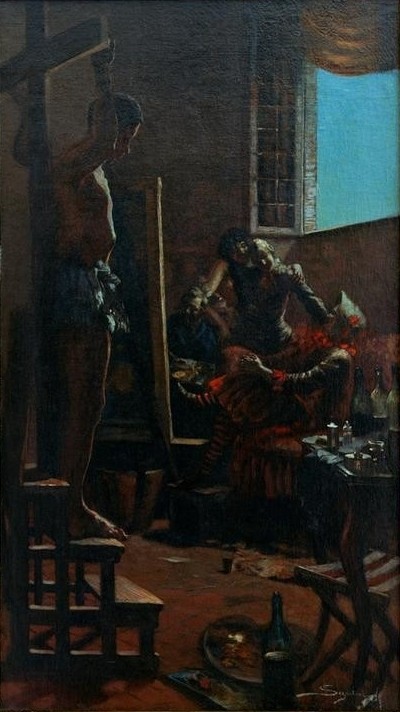 Giovanni Segantini, I pittori dell’oggi (Atelier,Fenster,Gesellschaftliches Leben,Künstler Und Modell,Künstler,Maler (Künstler),Modell,Staffelei,Künstler Bei Der Arbeit,Interieur,Italienische Kunst,Schweizerische Kunst,Zuschauen,Zuschauer,Atelierfenster)