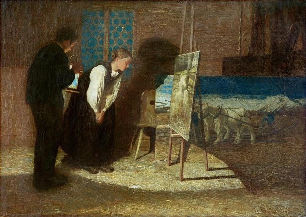 Giovanni Segantini, I miei modelli (Atelier,Bauer (Landwirt),Künstler,Laterne,Licht Und Beleuchtung,Werkstatt (Allgemein),Nacht,Staffelei,Bild Im Bild,Bild Und Betrachter,Italienische Kunst,Schweizerische Kunst,Kindermädchen,Heimlichkeit,Beleuchtung,Betrachten,Landbevölkerung,Kunstliebhaber)