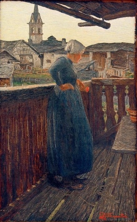 Giovanni Segantini, Sul balcone (Auf dem Balkon) (Landleben, Genre, Bauernhaus, Balkon, Dorf, junge Frau, rustikal, Realismus, Malerei, klassische Moderne, Wunschgröße, Wohnzimmer)