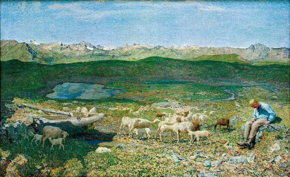 Giovanni Segantini, Pascoli alpini (Gebirge,Landschaft,Schafzucht,Hirte,Schaf,Italienische Kunst,Alm,Schweizerische Kunst,Tier,Schafherde,Schlafen (Schlaf),Landwirtschaft,Schäfer,Nickerchen,Weide (Wiese))