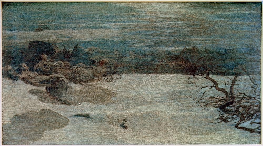 Giovanni Segantini, Il castigo delle lussuriose (Frau,Jugendstil,Landschaft,Laster,Strafe,Tugenden Und Laster,Symbolismus,Baum,Italienische Kunst,Schweizerische Kunst,Sexualität,Luxuria,Schweben,Wollust,Unkeuschheit,Sühne,Morallehre,Symbolik)