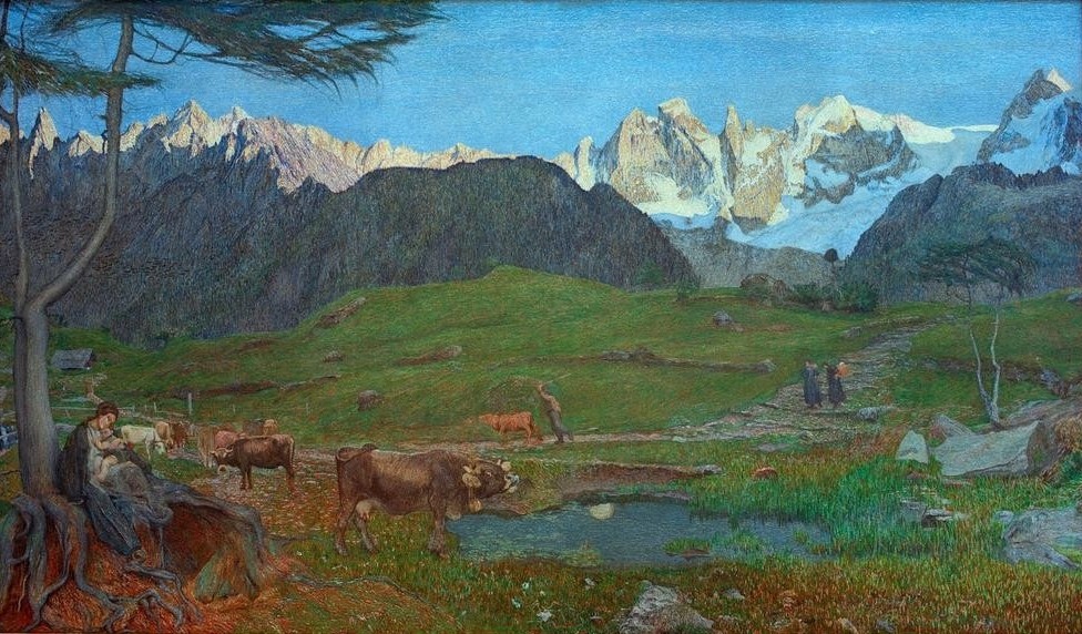 Giovanni Segantini, Il trittico della natura La vita (Gebirge,Landschaft,Mutter Und Kind,Rinderzucht,Rind,Teilansicht,Weide,Tageszeiten,Nachmittag,Hirte,Symbolismus,Allegorie,Triptychon,Baum,Italienische Kunst,Alm,Schweizerische Kunst,Leben,Natur,Jahrhundertwende,Hochplateau,Landwirtschaft)