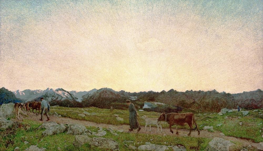 Giovanni Segantini, Il trittico della natura La natura (Landschaft, Gebirge, Gebirgszug, Kuhhirten, Viehtreiber,  Sonnenuntergang, Teilansicht, Triptychon, Alm, Landleben, Divisionismus, Malerei, klassische Moderne, Wunschgröße, Wohnzimmer)