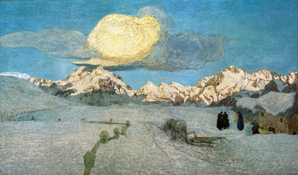 Giovanni Segantini, Il trittico della natura La morte (Winter, Schnee, Tod, Leichnam, Leichentransport, Kutsche, Trauer, Landschaft, Berge, Divisionismus, Malerei, klassische Moderne, Wunschgröße, Wohnzimmer)