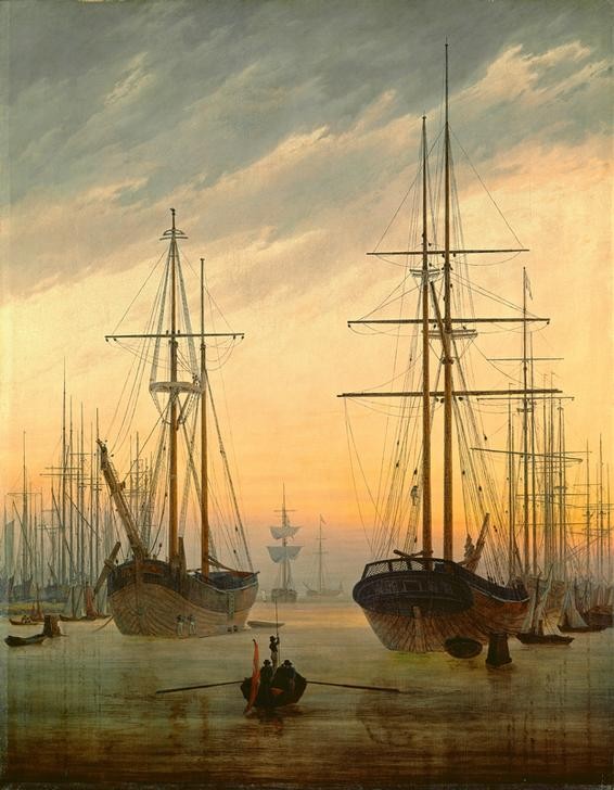 Caspar David Friedrich, Ansicht eines Hafens (Boot,Deutsche Kunst,Hafen,Handel,Himmel (Natur),Kunst,Landschaft,Ruderboot,Schiff,Segelschiff,Sonnenuntergang,Tageszeiten,Abend,Meer,Marinemalerei,Dämmerung,Romantik,Abendrot,Gewerbe,Schifffahrt)