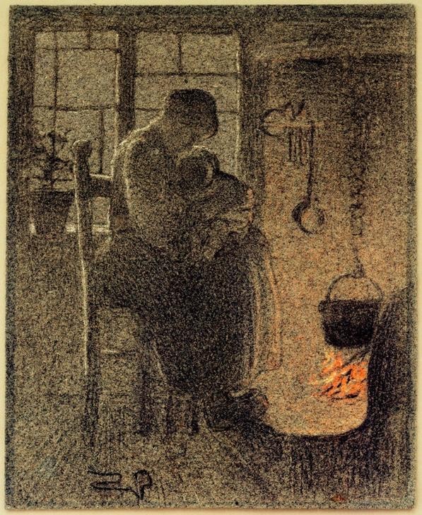 Giovanni Segantini, Gli orfani (Feuerstelle, Stube, Intrieur, aufwärmen, Säugling, Geschwister, Küche, Waisenkinder, Trauer, Kochen,  Einsamkeit, Genre, Divisionismus, Malerei, klassische Moderne, Wunschgröße, Wohnzimmer)