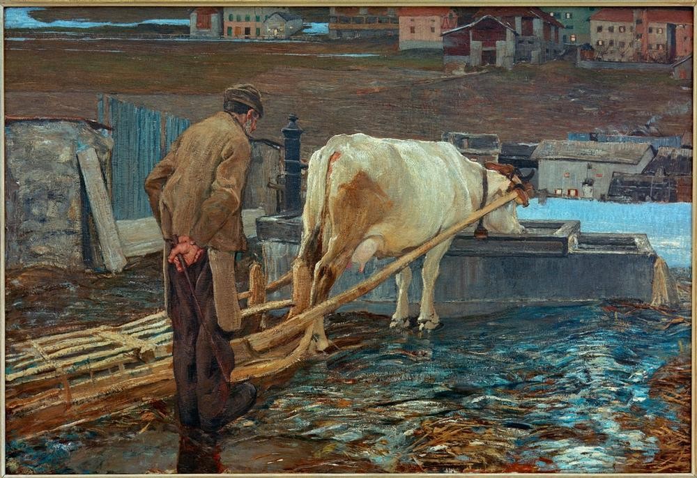 Giovanni Segantini, Allo sciogliersi delle nevi (Bauer, Kuh, Viehtränke, Schlitten, Gespann, Landleben, Dorf, Winter, Schnee, Jahreszeiten,Realismus, Malerei, klassische Moderne, Wunschgröße, Wohnzimmer)