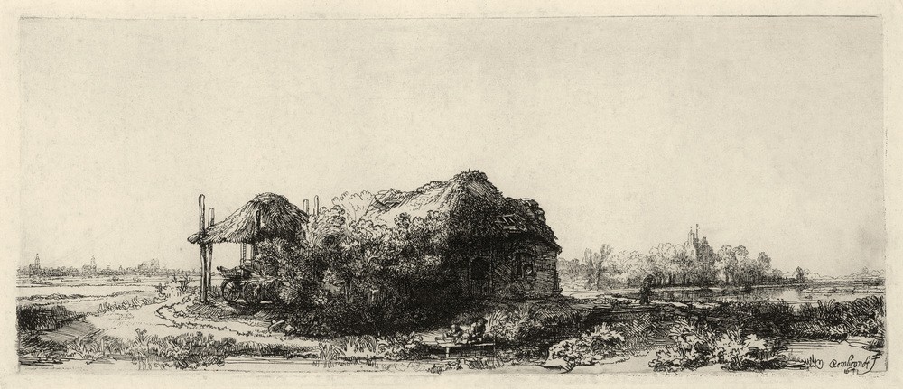 Rembrandt Harmenszoon van Rijn, Die Hütte und der Heuschober (Bauernhaus,Landschaft,Barock,Niederländische Kunst,Holländische Kunst,Heuschober)