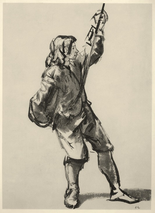 Rembrandt Harmenszoon van Rijn, Figurenstudie eines jungen Mannes, an einem Seil ziehend (Mann,Mensch,Barock,Studie,Niederländische Kunst,Holländische Kunst,Junger Mann)