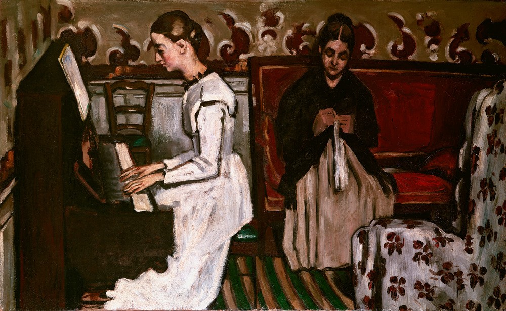 Paul Cézanne, L’Ouverture de Tannhäuser (Frau,Handarbeit,Hausmusik,Konzert,Kunst,Musik,Pianistin,Impressionismus,Stricken,Instrument,Klavier,Nähen,Französische Kunst,Stopfen (Handarbeit),Zuhören,Frauenleben,Klavierspiel,Junge Frau,Zuhörerin)