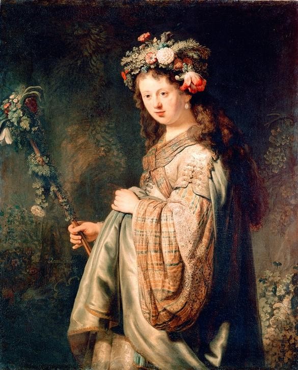 Rembrandt Harmenszoon van Rijn, Flora (Damenmode,Frau,Mode,Mythologie,Schmuck,Schwangerschaft,Textil,Ohrring,Perle,Barock,Ehefrau Von Berühmten,Portrait,Künstlerfrau,Bürgertum,Niederländische Kunst,Kleid,Ärmel,Patrizierin,Streifen,Kniestück,Griechisch-Römische Mythologie)