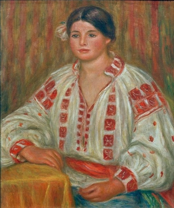 Pierre-Auguste Renoir, Die bulgarische Bluse (Frau,Kunst,Maler (Künstler),Mensch,Volkskunde,Impressionismus,Portrait,Bluse,Französische Kunst,Junge Frau,Halbfigur,Land Und Leute,Signatur)