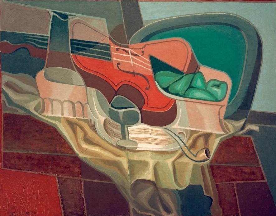 Juan Gris, Stilleben (Tisch mit Sessel) (Tisch, Tischtuch, Geige, Glas, Musik, Saiteninstrument, Sessel, Stillleben, Kubismus, Klassische Moderne, Wohnzimmer, Küche, Wunschgröße)