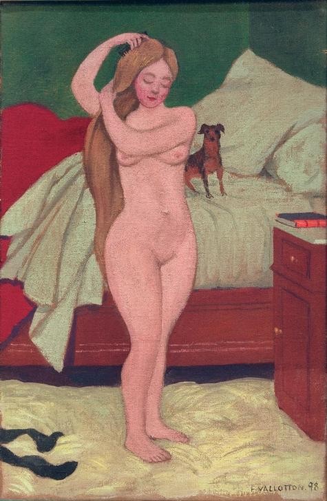 Felix Vallotton, Weiblicher Akt, sich kämmend, Interieur (Bett,Erwachen,Frau,Haarpflege,Jugendstil,Schlafzimmer,Tageszeiten,Morgen,Hund,Akt,Französische Kunst,Schosshund,Schweizerische Kunst,Haustier,Frauenleben,Langes Haar,Nabis,Haarekämmen)