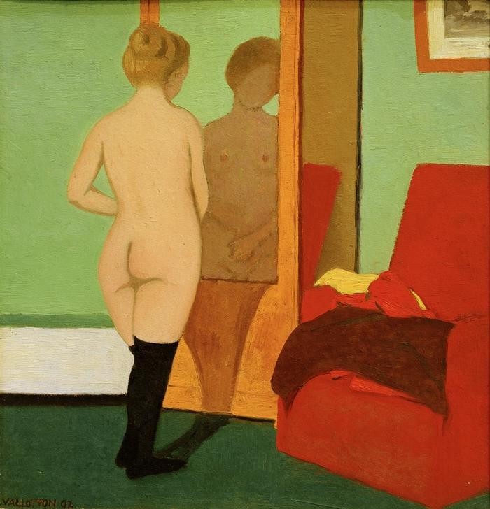 Felix Vallotton, Weiblicher Akt vor Spiegelschrank (Frau,Spiegel,Strumpf,Akt,Po (Gesäss),Rückenakt,Französische Kunst,Spiegelbild,Schweizerische Kunst,Frauenleben,Nabis,Damenstrumpf,Spiegelschrank)