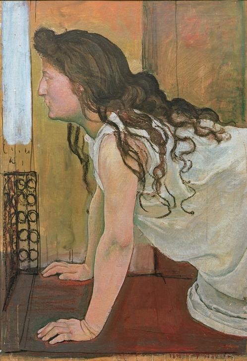 Ferdinand Hodler, Mädchen im Hemd am Fenster (Frau,Mensch,Portrait,Nachthemd,Blick Aus Dem Fenster,Schweizerische Kunst,Unterhemd,Frauenleben,Auf Allen Vieren Kriechen)