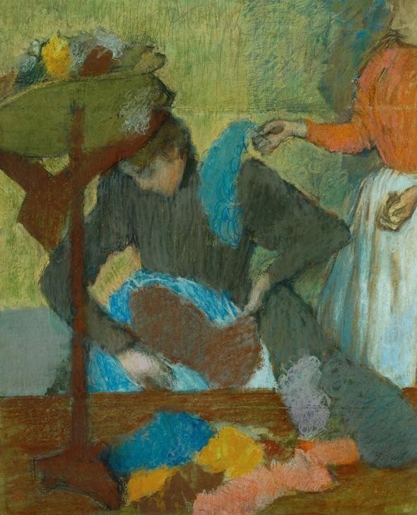 Edgar Degas, Chez la modiste (Beruf,Damenhut,Frau Und Beruf,Frau,Mensch,Mode,Modistin,Impressionismus,Hut,Französische Kunst,Kleidung (Allgemein),Hutmacherin,Mütze)