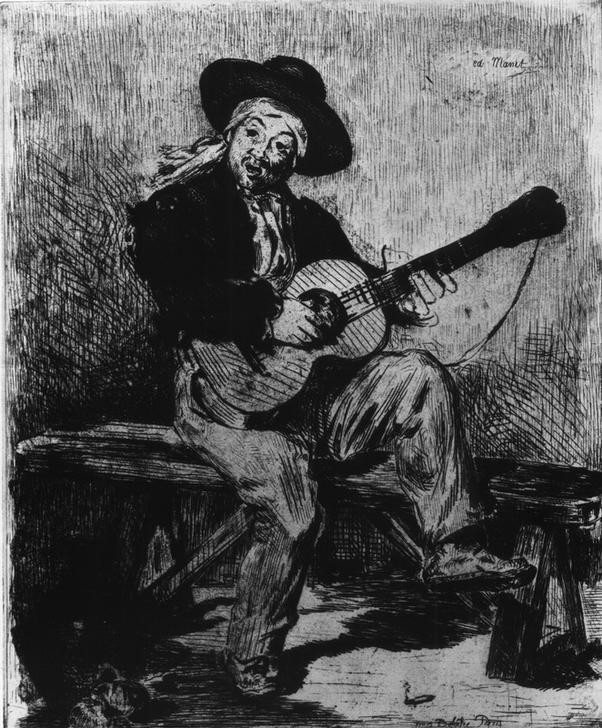 Edouard Manet, Der spanische Sänger oder Guitarrero (Gesang,Gitarre,Musik,Sänger,Saiteninstrument,Volksmusik,Volkskunde,Instrument,Strassenmusikant,Gitarrist,Französische Kunst,Strassenmusik,Offener Mund,Zupfinstrument,Land Und Leute)