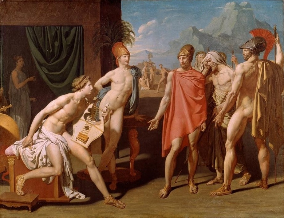 JEAN-AUGUSTE-DOMINIQUE INGRES, Achille recevant les ambassadeurs d’Agamemnon (Diplomat,Sage,Helm,Herrenmode,Literatur,Mann,Musik,Mythologie,Instrument,Klassizismus,Akt,Trojanischer Krieg,Sandale,Französische Kunst,Empfang,Krieger,Griechisch-Römische Mythologie,Lyra,Umhang)