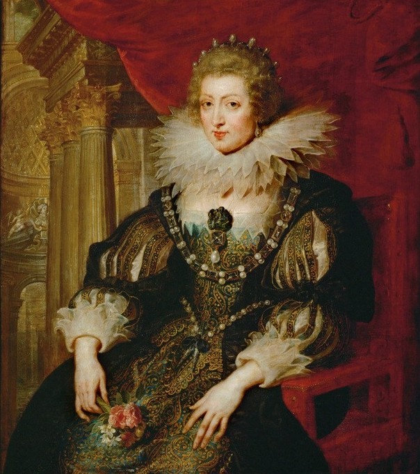 Peter Paul Rubens, Anna von Österreich (Damenmode,Flämische Kunst,Frau,Geschichte,Königin,Mädchen,Mode,Schmuck,Perle,Barock,Hand,Portrait,Halskrause,Niederländische Kunst,Brosche,Spitzenkragen,Kleidung (Allgemein),Kopf,Regentin,Sitzen,Puffärmel,Halbfigur,Person)