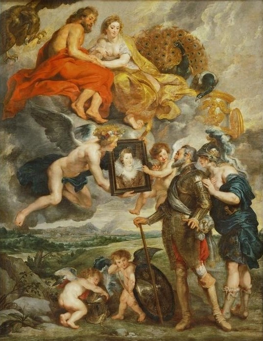 Peter Paul Rubens, Heinrich IV. empfängt das Bildnis der Maria von Medici (Engel,Flämische Kunst,Königin,König,Mädchen,Szene,Vogel,Barock,Pfau,Bild Im Bild,Putto,Portrait,Niederländische Kunst,Genius,Amorette,Kleidung (Allgemein),Kopf,Person)
