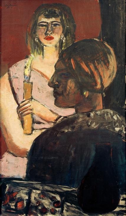 Max Beckmann, Quappi und Inder (Portaits, Abendszene, Kerzenschein, Persönlichkeiten, Mathilde Beckmann, Sängerin, Expressionismus, Klassische Moderne, Malerei, Wohnzimmer, Treppenhaus, Wunschgröße, bunt)