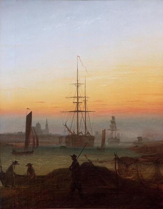 Caspar David Friedrich, Greifswalder Hafen (Deutsche Kunst,Fischerei,Geographie,Hafen,Segelschiff,Romantik,Topographie,Abendrot,Schifffahrt)