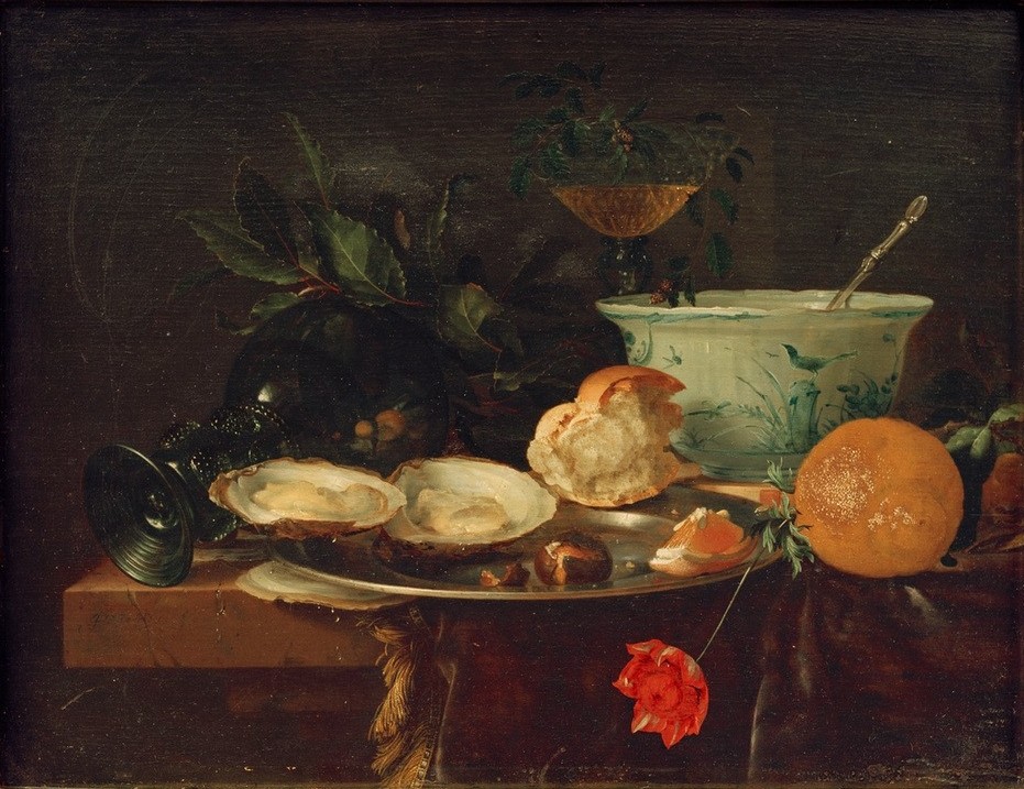 Jan Davidsz de Heem, Frühstückstilleben (Anemone,Kunst,Barock,Nahrungsmittel,Frühstück,Stillleben,Auster,Niederländische Kunst,Zitrone,Brötchen,Glas Umstossen)