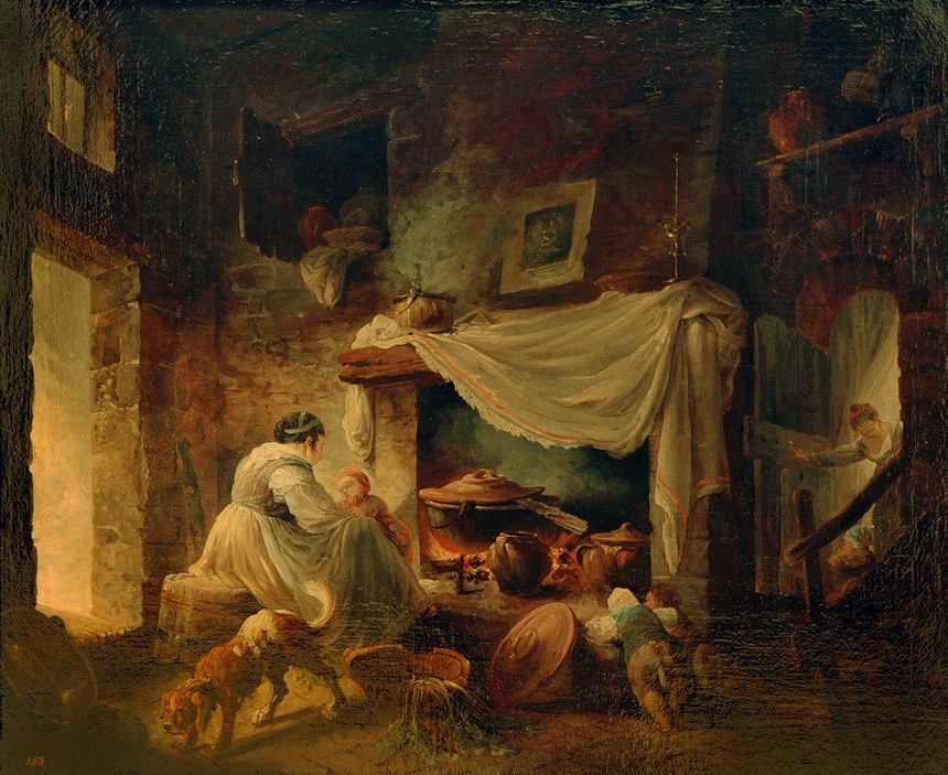 Hubert Robert, Cuisine italienne (Bauernhaus,Küche,Mutter Und Kind,Volkskunde,Wohnung,Hund,Rokoko,Interieur,Genre,Französische Kunst,Haustier,Landbevölkerung,Dorfbewohner,Kochstelle,Land Und Leute,Kamin)