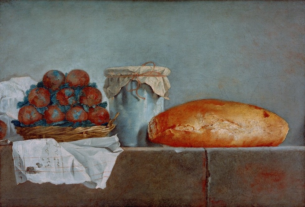 Roland Delaporte, Früchtestilleben mit Brot (Brot,Kunst,Obst,Pflaume,Nahrungsmittel,Marmelade,Stillleben,Französische Kunst,Einwecken)