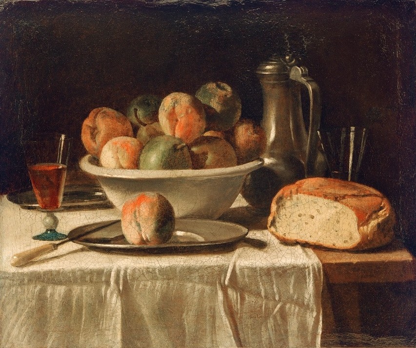 Anonym, Gedeckter Tisch mit Obstschale und Zinnkanne (Brot,Glas,Kunst,Obst,Barock,Nahrungsmittel,Stillleben,Tischtuch,Pfirsich,Französische Kunst,Obstschale,Birne,Weinglas,Gedeckter Tisch,Trinkglas,Zinnkanne,Westeuropäische Kunst,Zwischenmahlzeit,Imbiss)