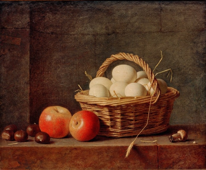 Roland Delaporte, Korb mit Eiern (Apfel,Kastanie,Kunst,Obst,Nahrungsmittel,Stillleben,Ei,Französische Kunst,Korb,Pilz,Weidenkorb)