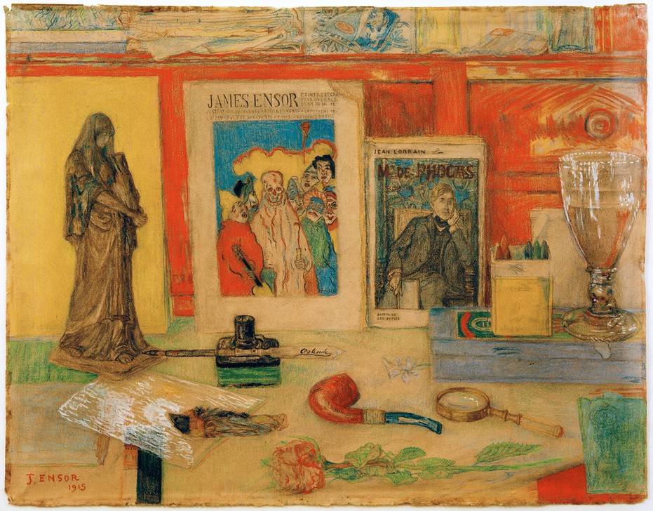 James Ensor, Stilleben (Monsieur de Phocas) (Kunst,Pfeife (Tabak),Zeitschrift,Bild Im Bild,Stillleben,Tintenfass,Belgische Kunst,Titelseite,Lupe,Skulptur Im Bild,Bildzitat)