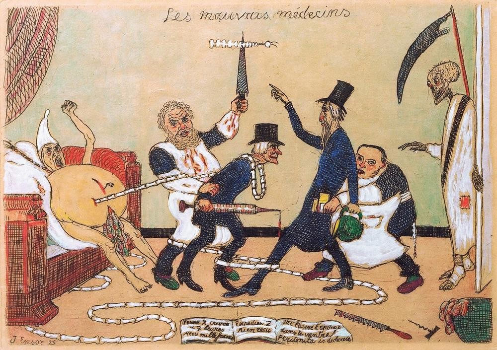 James Ensor, Les mauvais médecins / De slechte geneesheren (Arzt,Karikatur,Krankheit,Medizin,Operation,Tod,Sense,Symbolismus,Knochenmann,Belgische Kunst,Parasiten,Bandwurm)