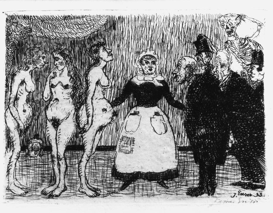 James Ensor, Les vieux polissons ou La visite des médecins / De oude Schelmen of Het bezoek van de geneesheren (Arzt,Erotik,Karikatur,Medizin,Prostitution,Symbolismus,Johannistrieb,Belgische Kunst,Sexualität,Bordell,Alterserotik,Kupplerin)