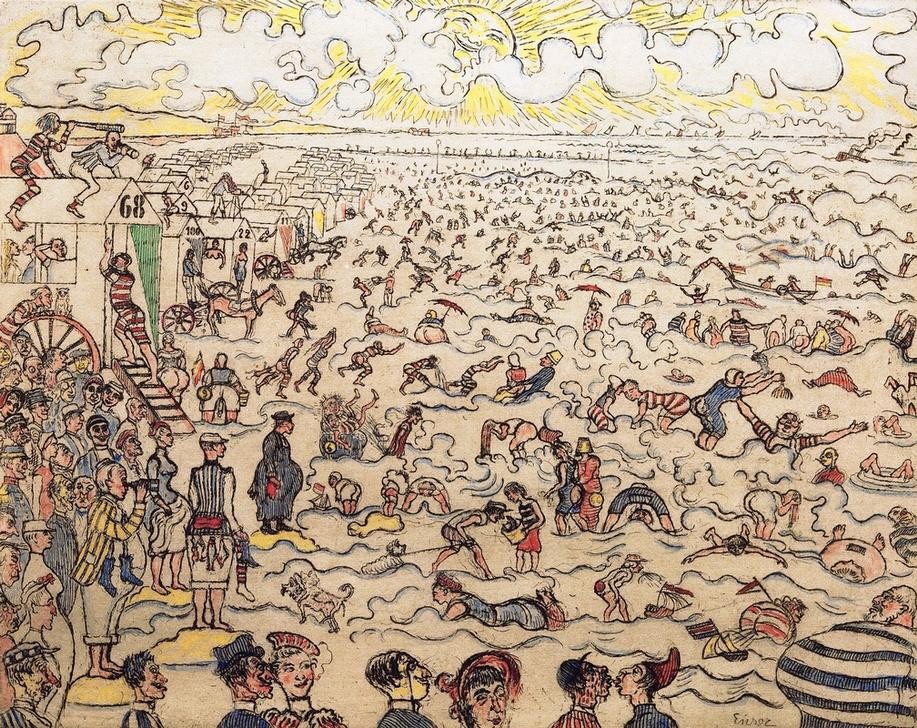 James Ensor, Les bains à Ostende / De baden te Ostende (Bad Im Freien,Bad,Handschrift,Karikatur,Kunst,Landschaft,Freizeit,Schwimmen,Seebad,Strand,Meer,Symbolismus,Reise,Badekarren,Menschenmenge,Belgische Kunst,Überfüllung,Jahrhundertwende,Zungenkuss,Schrift,Signatur)