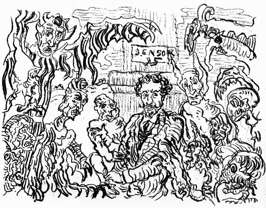 James Ensor, Démons me turlupinant / Duivels die mij sarren (Künstler,Mann,Psychologie,Selbstbildnis,Symbolismus,Angst,Dämon,Teufel,Halluzination,Wahnsinn,Phantastische Kunst,Belgische Kunst,Psychopath,Phobie,Person,Geistes- Und Gemütskrankheiten)