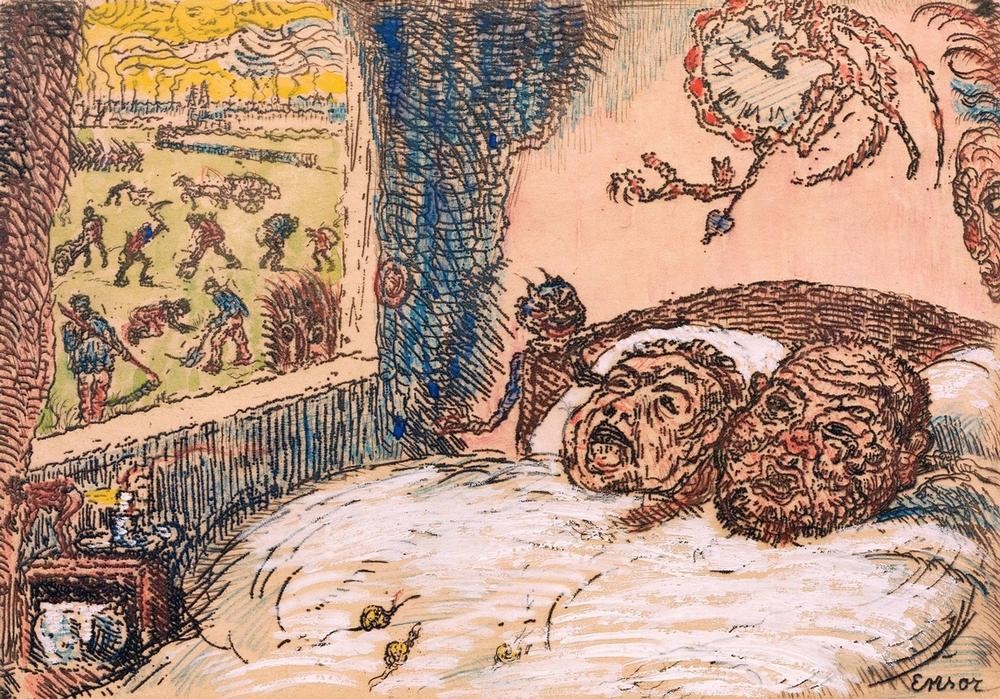 James Ensor, La Paresse / De Luiheid (Ehepaar,Laster,Tugenden Und Laster,Symbolismus,Dämon,Teufel,Belgische Kunst,Trägheit,Todsünde,Faulheit,Eheleben,Langschläfer,Schlafen (Schlaf),Morallehre)
