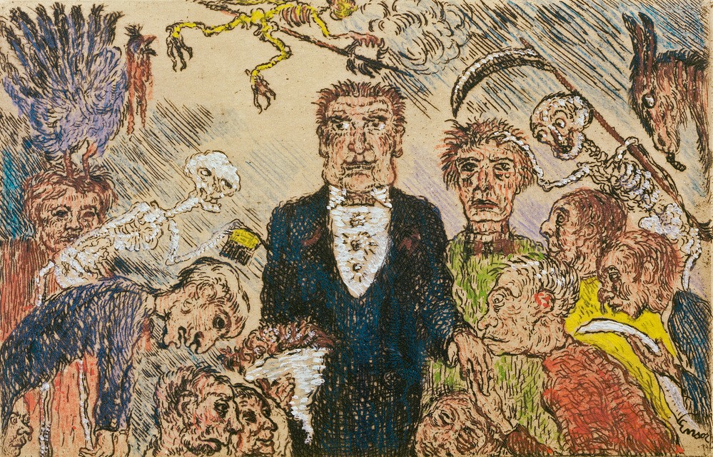 James Ensor, L’Orgueil / De Hoogmoed (Handkuss,Laster,Tod,Tugenden Und Laster,Symbolismus,Pfau,Dämon,Teufel,Phantastische Kunst,Sünde,Belgische Kunst,Unterwürfigkeit,Gesellschaftskritik,Todsünde,Hochmut,Morallehre)