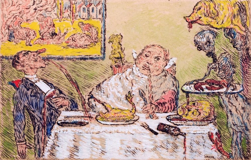 James Ensor, La Gourmandise / De Gulzigheid (Essen Und Trinken,Laster,Tafelsitten,Tod,Totentanz,Tugenden Und Laster,Symbolismus,Alkoholismus,Völlerei,Knochenmann,Fleisch,Geflügel,Sünde,Erbrechen,Belgische Kunst,Todsünde,Jahrhundertwende,Unmässigkeit,Falsche Ernährung,Morallehre)