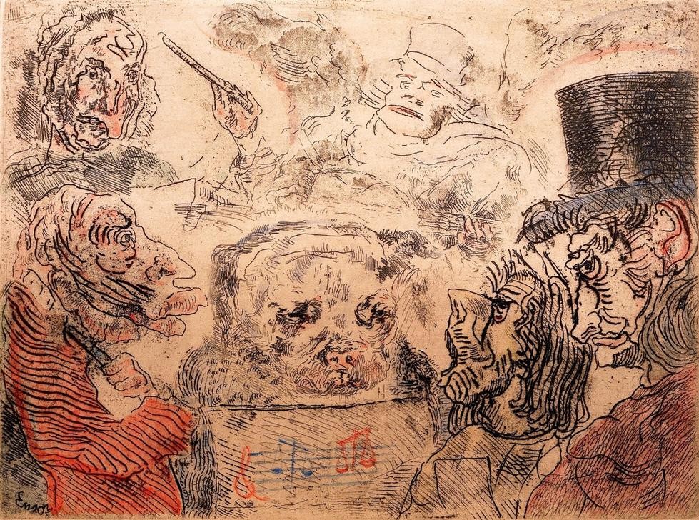 James Ensor, Musiciens fantastiques / Fantastische muzikanten (Gesang,Karikatur,Konzert,Musik,Sänger,Symbolismus,Hund,Belgische Kunst,Tier In Menschenrolle,Katzenmusik,Musikant)