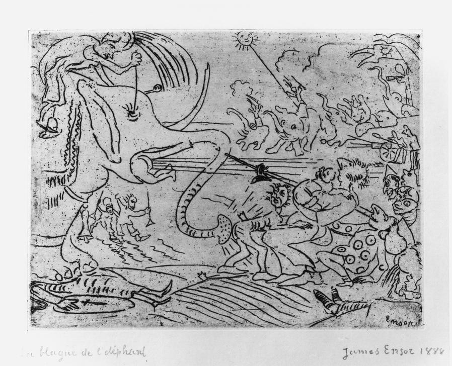 James Ensor, La blague de l’éléphant / De grap van de olifant (Biologie,Elefant,Naturwissenschaft,Zoologie,Symbolismus,Kannibalismus,Kampf Zwischen Mensch Und Tier,Phantastische Kunst,Belgische Kunst,Kampf,Augenausstechen,Tier,Menschenfresser (W M),Fressen,Säugetier)
