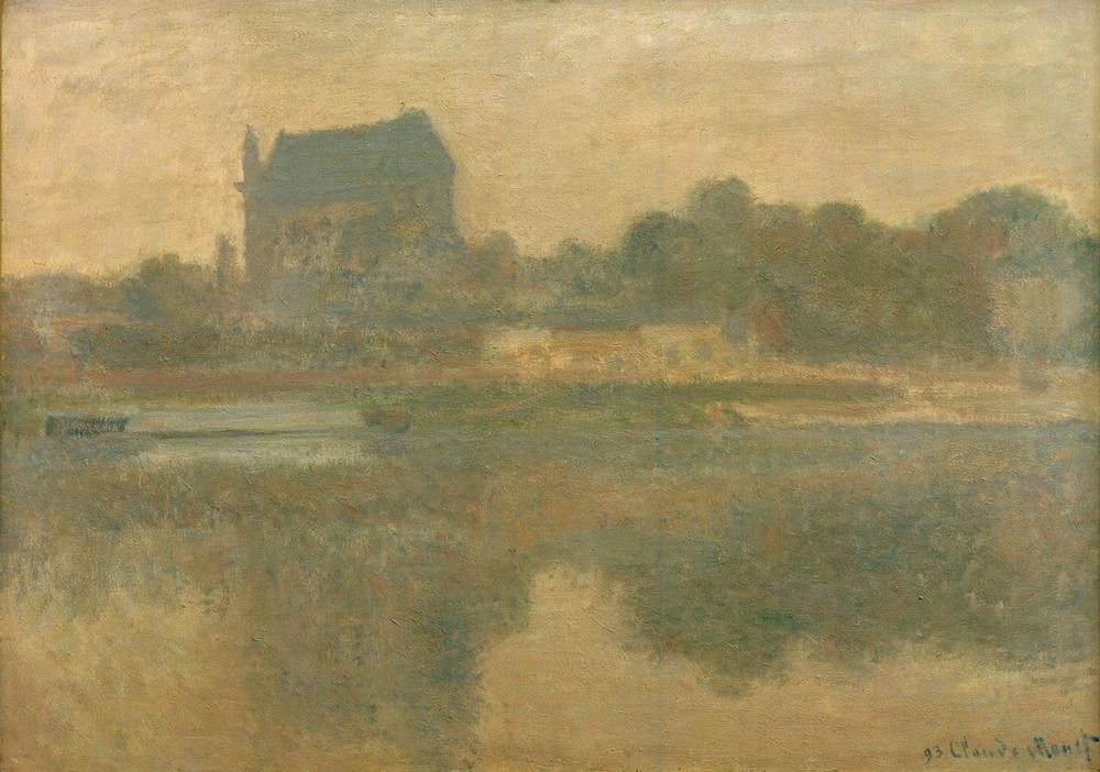 Claude Monet, Église de Vernon, brouillard (Geographie,Kirche,Landschaft,Meteorologie,Impressionismus,Fluss,Nebel,Französische Kunst,Topographie)