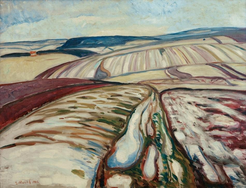 Edvard Munch, Schneeschmelze bei Elgersburg (Tauwetter) (Landschaft,Meteorologie,Winter,Schnee,Expressionismus,Acker,Norwegische Kunst,Schneeschmelze,Tauwetter)