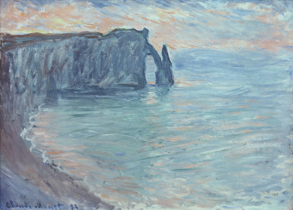 Claude Monet, La Falaise d’Aval, avec la Porte et l’Aiguille (Küste,Kunst,Landschaft,Meer,Impressionismus,Felsen,Französische Kunst,Ufer,Steilküste,Felsentor,Signatur)