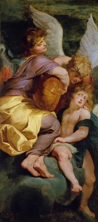 Peter Paul Rubens, Drei musizierende Engel (Buch,Christentum,Engel,Gesang,Himmel (Natur),Laute,Musik,Noten,Religion,Saiteninstrument,Weihnachten (Kalenderfeste),Wolke,Barock,Instrument,Engelskonzert,Niederländische Kunst,Drei,Blonde Haare,Haare (Haar),Bunte Flügel,Locke,Frisur)