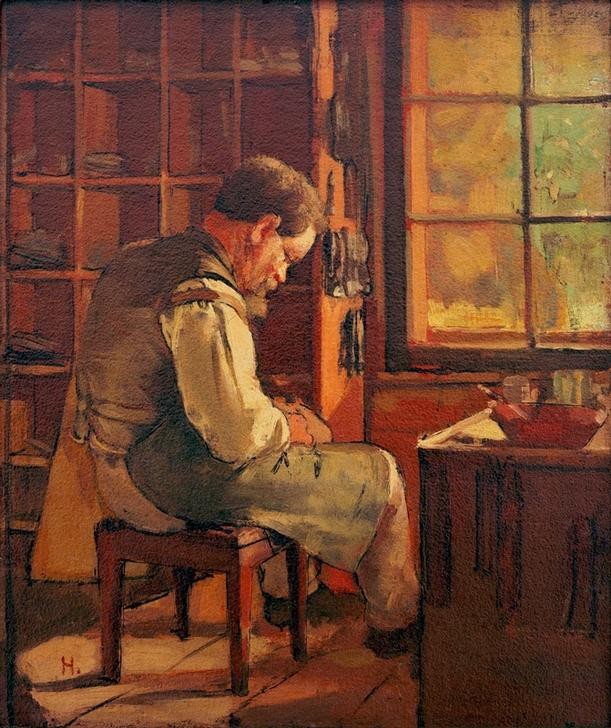 Ferdinand Hodler, Schuster am Fenster (Arbeit,Beruf,Fenster,Handwerk Und Gewerbe,Schuhmacher,Werkstatt (Allgemein),Schweizerische Kunst,Tageslicht,Handwerker,Handwerk)