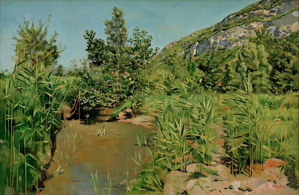 Ferdinand Hodler, Teichlandschaft bei Veyrier (Gebirge,Landschaft,See,Schilf,Schweizerische Kunst)