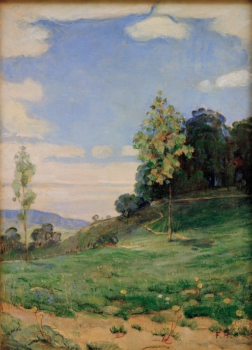 Ferdinand Hodler, Landschaft mit zwei kleinen Bäumen (Landschaft,Wolke,Baum,Wiese,Schweizerische Kunst)
