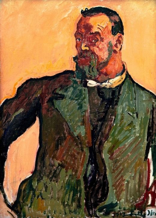 Ferdinand Hodler, Selbstbildnis mit grünem Kittel (Jugendstil,Künstler,Maler (Künstler),Mann,Selbstbildnis,Portrait,Schweizerische Kunst,Halbfigur,Person)